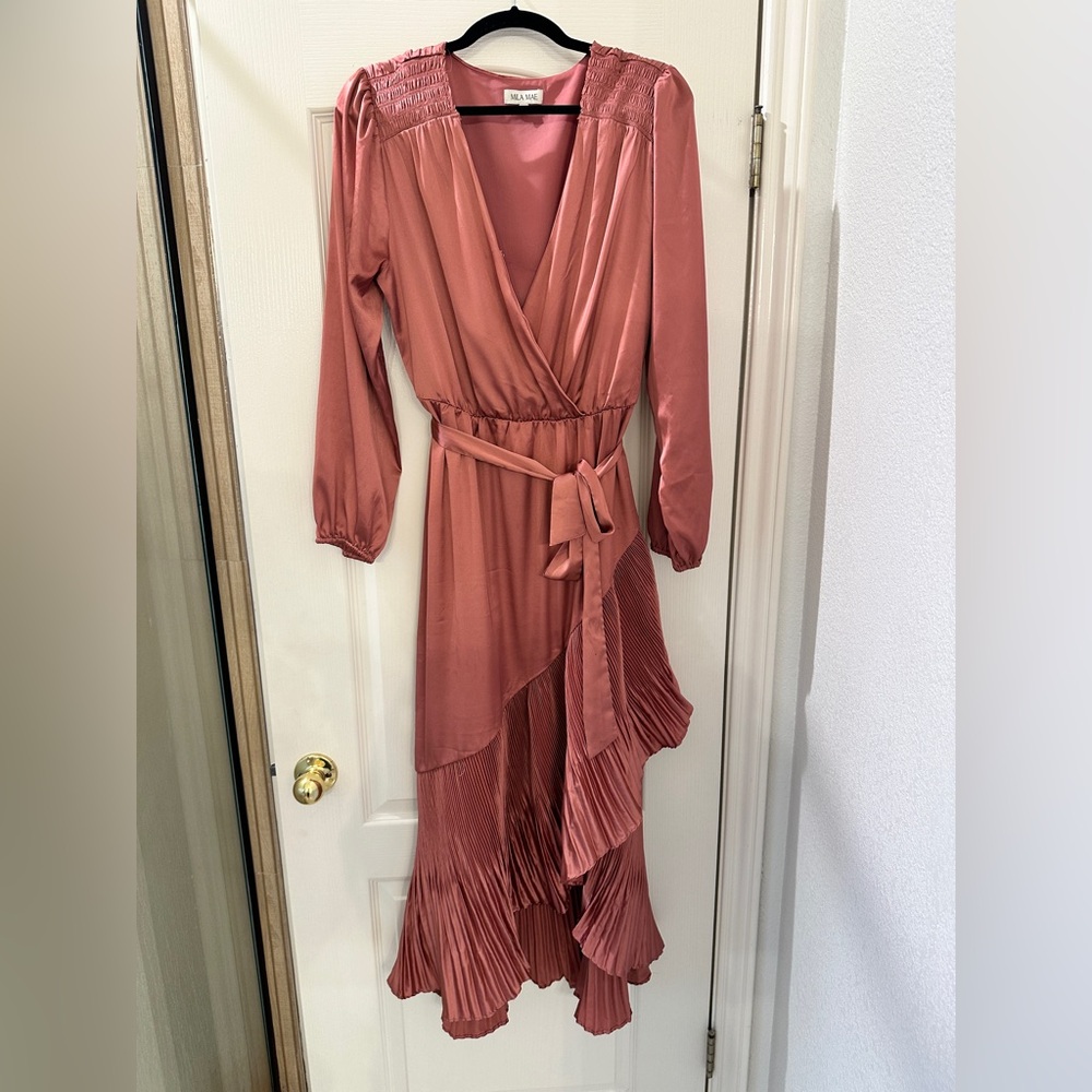 Mila Mae Asymmetric Pleated Belted Long Sleeve Dress, Mauve